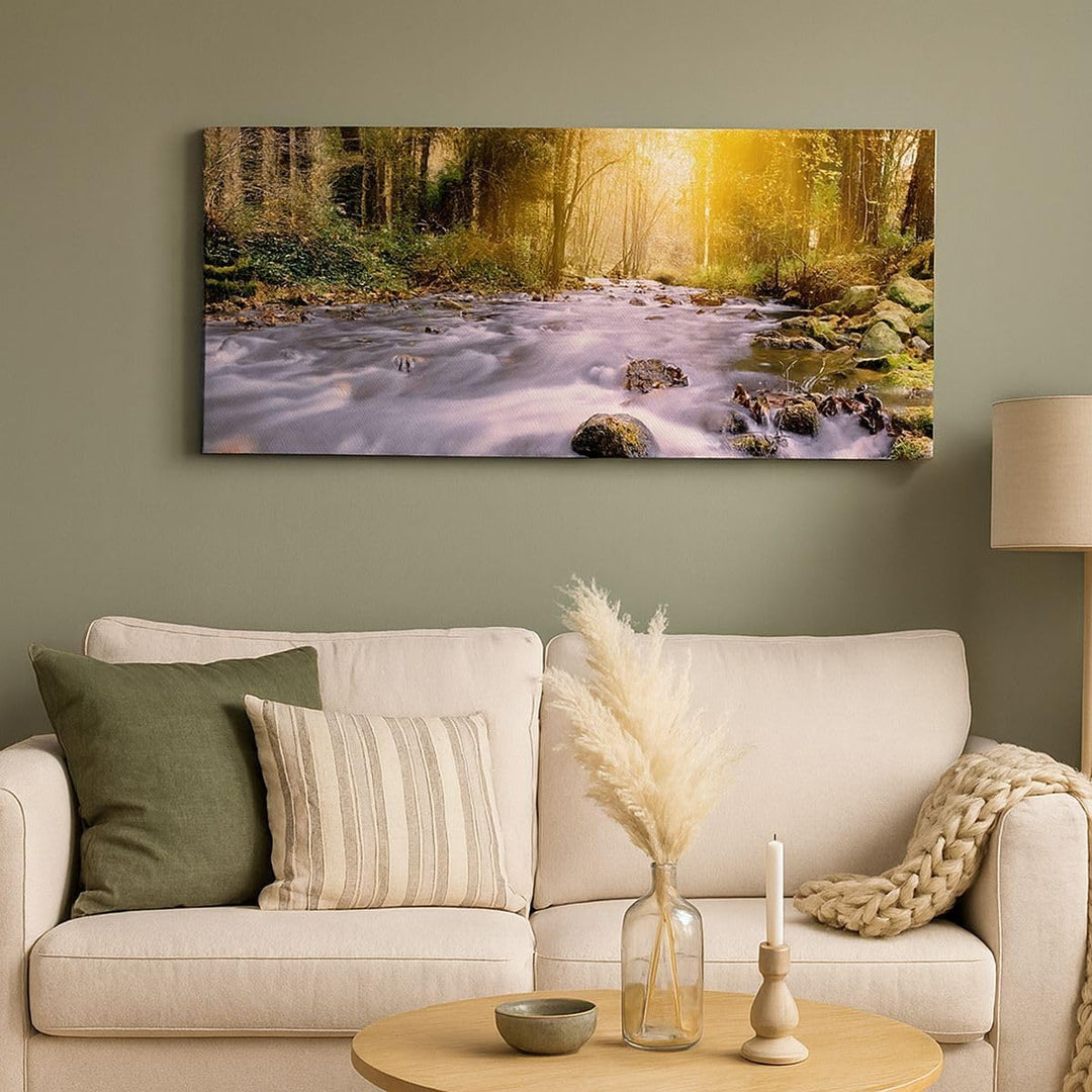 Wandbilder Dekoration Wohnzimmer Herbst Wald Berg Fluss Panorama Bilder auf Leinwand 120x50cm Leinwa