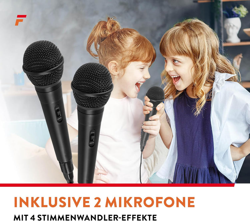 Fenton KAR15B Mobile Karaoke Maschine Kinder mit 2 Mikrofonen, Bluetooth, Akku, LED-Lichteffekte, Ec