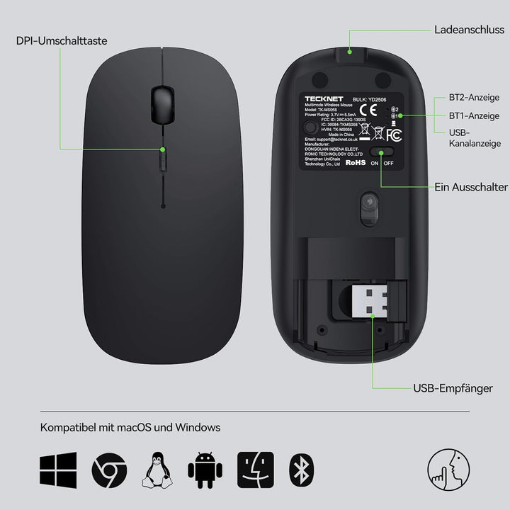 TECKNET Bluetooth Maus, Kabellose Maus mit 4800/3200/2400/1600/1200/800 einstellbare DPI, 2.4G USB F