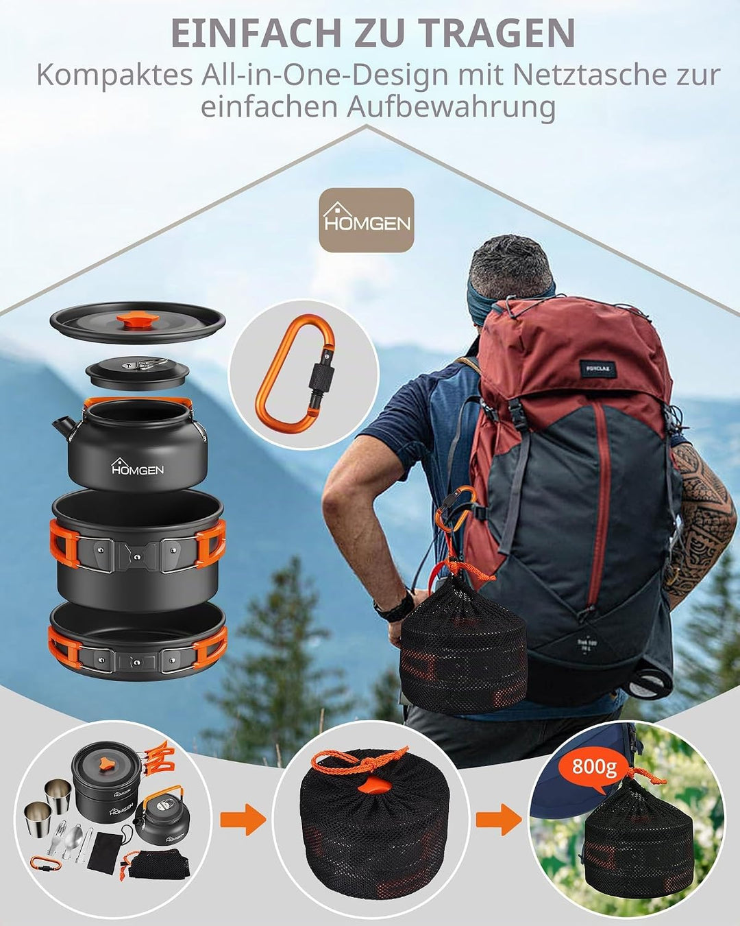 HOMGEN Portable Camping Cooking Set Camping Pots and Pans Set Aluminium Camping Cookware Kit Lightwe