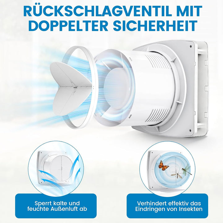 Badlüfter Ø100mm mit Nachlauf und Feuchtigkeitssensor Badezimmerlüfter mit Rückstauklappe Bad Lüfter