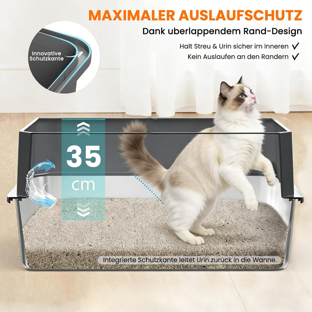 Edelstahl Katzentoilette XXL 60x40x35cm, Extra Hochwand Katzenklo Auslaufsicher &amp; Spritzsicher, Einf