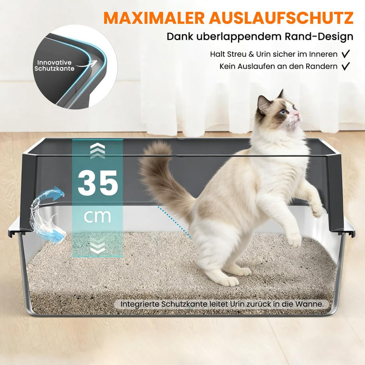 Edelstahl Katzentoilette XXL 60x40x35cm, Extra Hochwand Katzenklo Auslaufsicher &amp; Spritzsicher, Einf