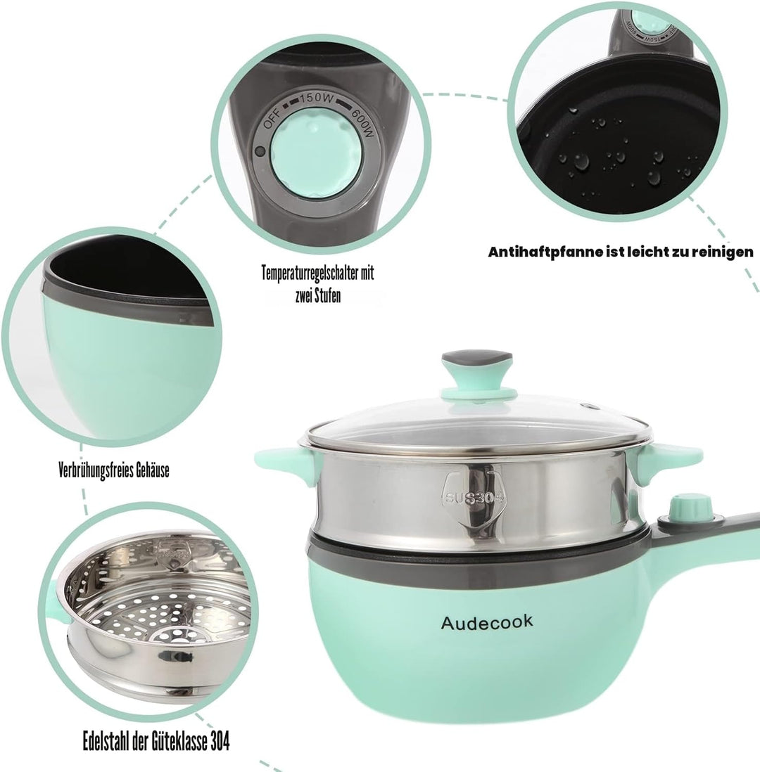 Audecook Elektrische Hot Pot mit Dampfgarer, 1,5 l Elektrische Bratpfanne, Hot Pot Topf 20cm, Antiha