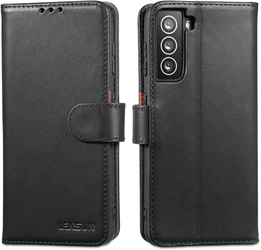 LENSUN Echtleder Hülle für Samsung Galaxy S21, Handyhülle [Echtes Leder] [Magnetverschluss] [RFID Sc