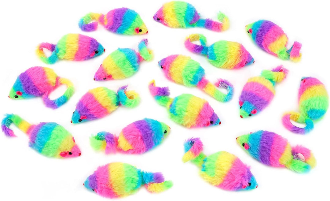 Chiwava 24 STK. 7,5cm Regenbogenfarbene pelzige Katzenspielzeug mäuse mit Rassel Kätzchen Maus Inter