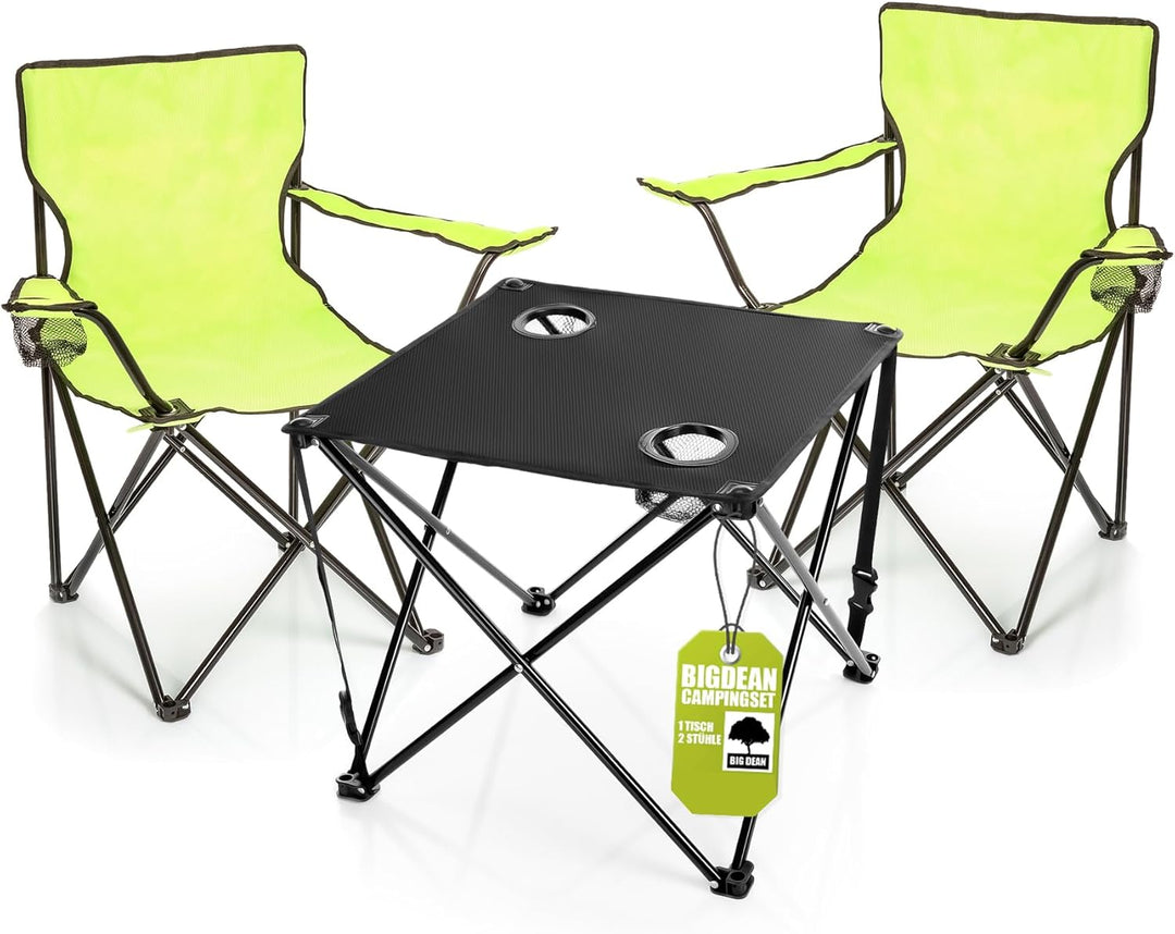 BigDean 2 Stück Campingstuhl mit Campingtisch faltbar – Faltstuhl in Neon Grün mit Getränkehalter &