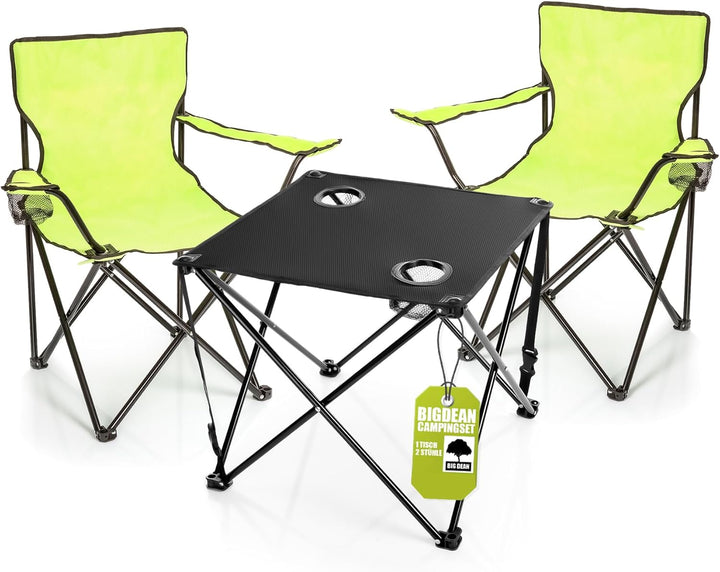 BigDean 2 Stück Campingstuhl mit Campingtisch faltbar – Faltstuhl in Neon Grün mit Getränkehalter &