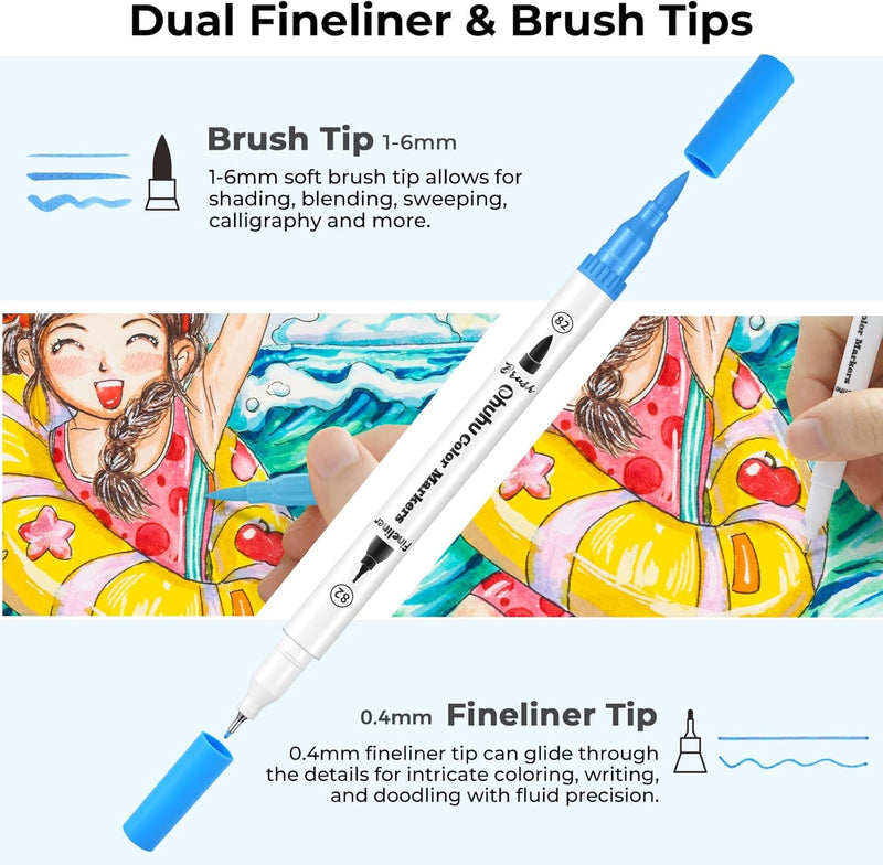 Ohuhu Filzstifte 100 Farben, Dual Brush Pen Pinselstifte Aquarell Marker Stifte Set für Kind und Erw
