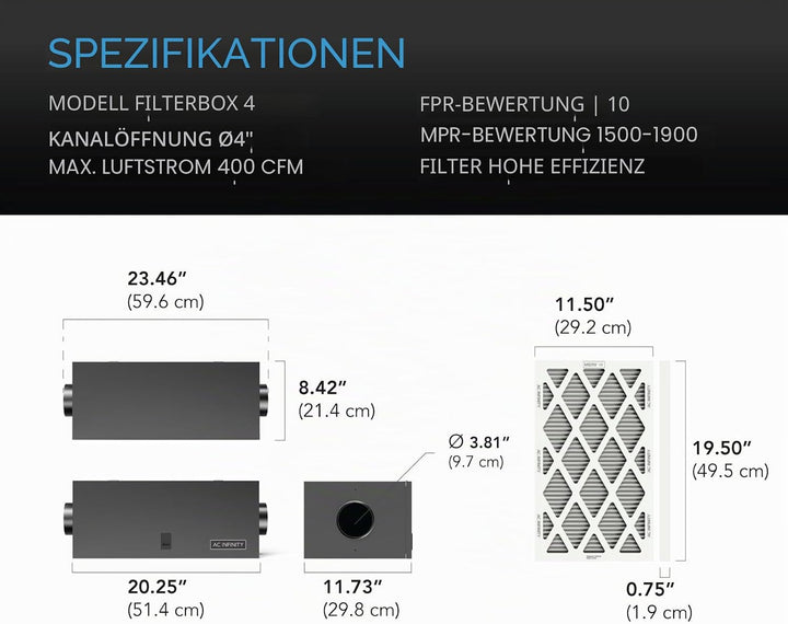 AC Infinity Inline-Filterbox, 10,2 cm, mit hocheffizientem Filter, HVAC-Filter-Set, passend für 10,2