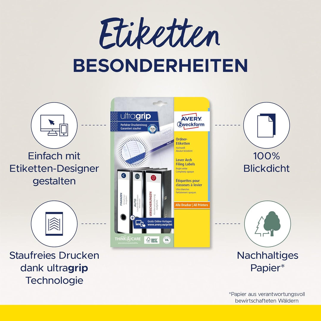 AVERY Zweckform L4758-25 Ordnerrücken Etiketten (150 Rückenschilder mit ultragrip, 38x297mm auf A4,
