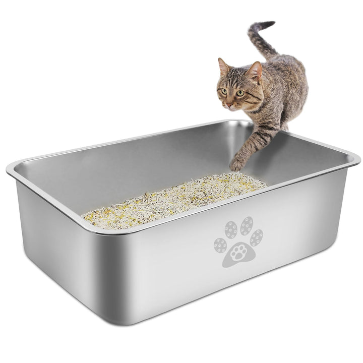PTLOM Lebensmittelgrade Katzenklo Edelstahl Katzentoilette - Katzenklo Offen Gross Mit Niedrigem Ein