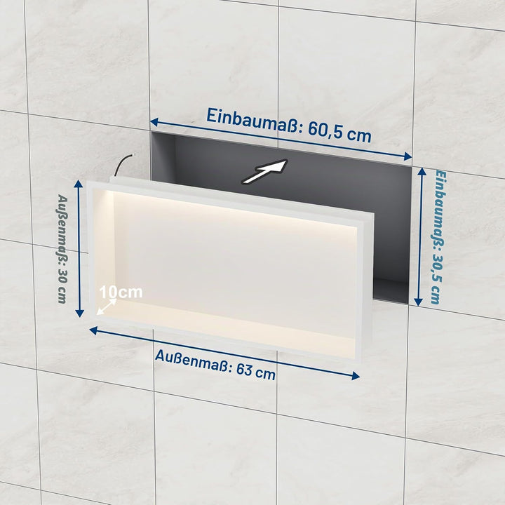 Wandnische Dusche Edelstahl mit LED-Licht, Eingebettete Duschnische Weiss Einzelregal Lagerung für B