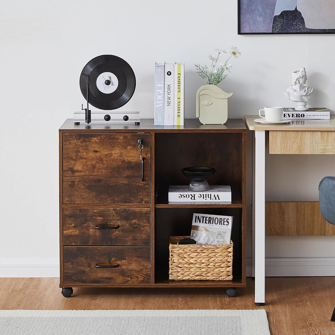 TUKAILAI Rollcontainer, Mobile Aktenschränke, Aktenschrank mit 2 Schublade 2 Regal, Büroschrank mit