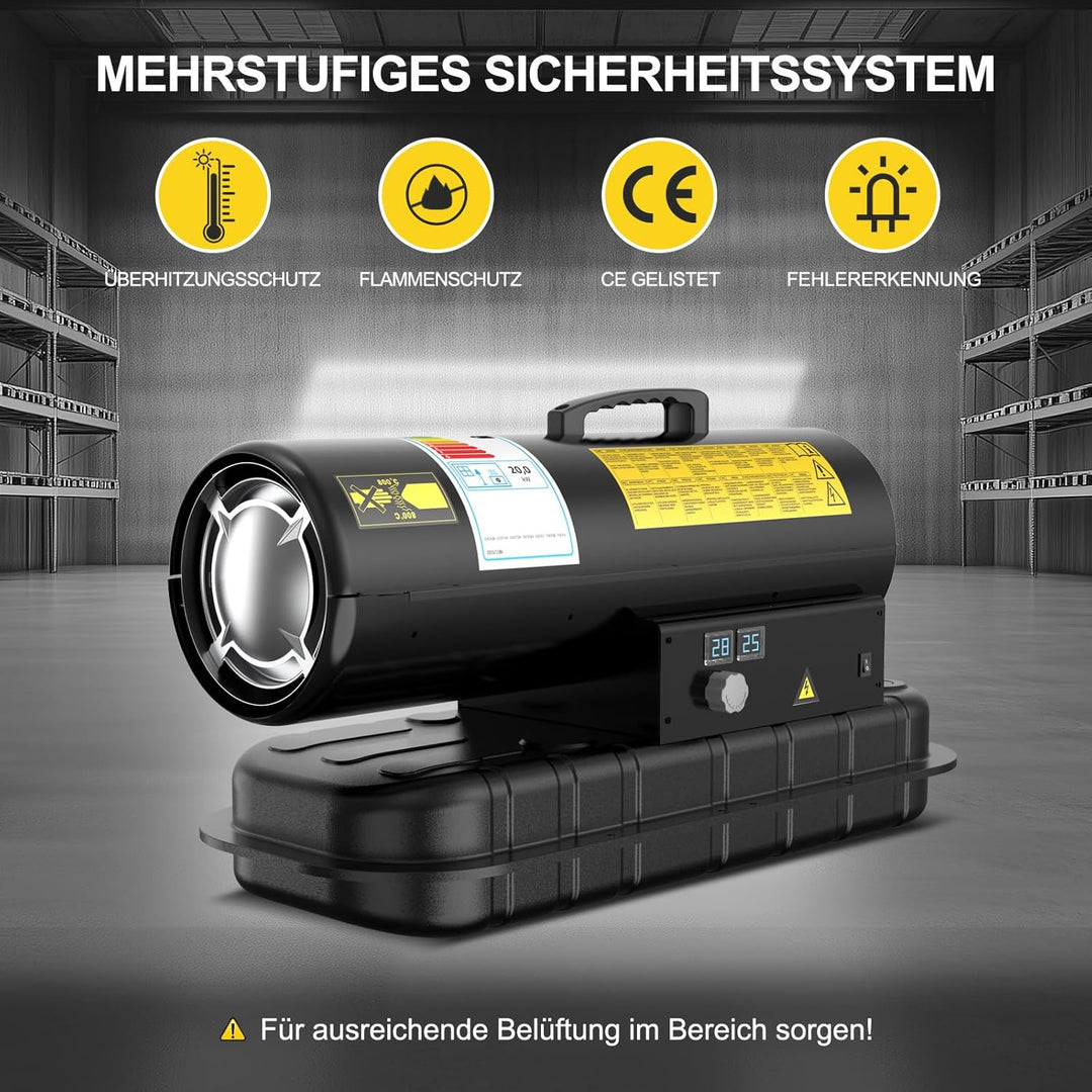 20 kW Heizkanone Diesel Bautrockner, Grosstank Bauheizer, 550 m³/h Heizgebläse mit Thermostat, Ölbeh