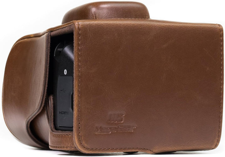 MegaGear Nikon D3400 Ever Ready Leder Kamera-Case mit Trageriemen und Batteriezugang Dunkelbraun MG8