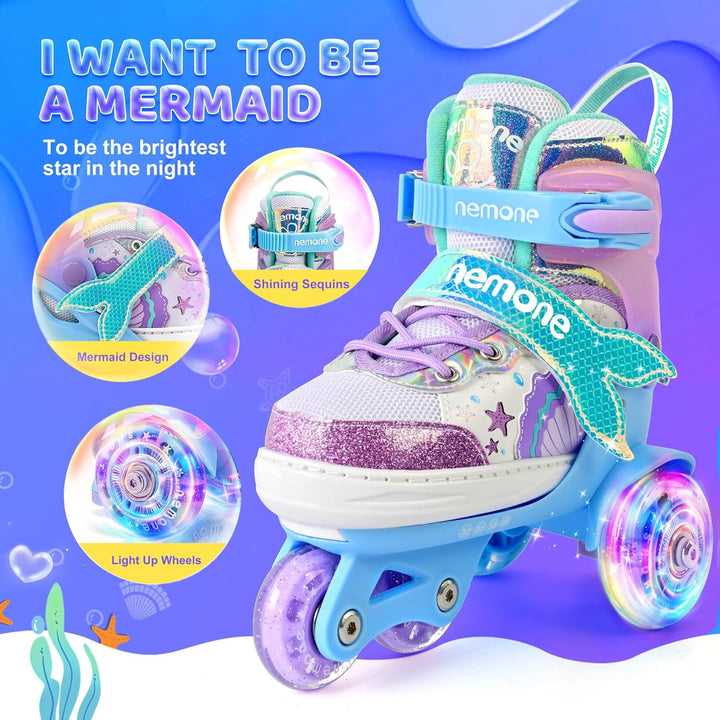 NEMONE Rollschuhe für Mädchen Kinder 4 Grössen Verstellbar Blau Violett Rollschuhe für Kinder Drinne