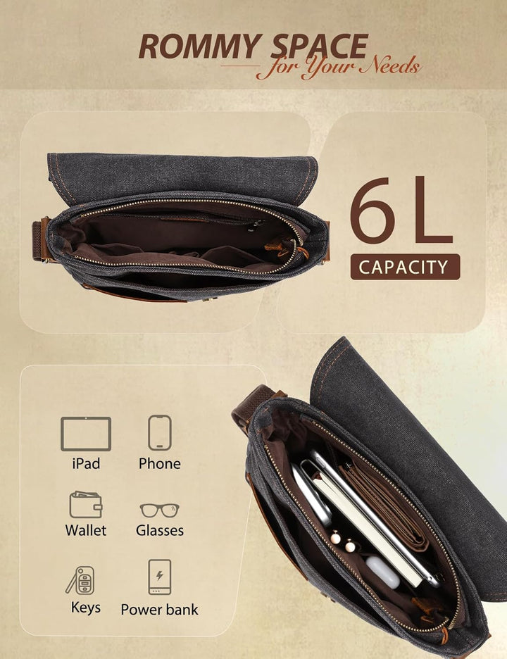 VASCHY Klein Umhängetasche Herren, Vintage Leinwand Herrentasche Echtes Leder Schultertasche Klassis