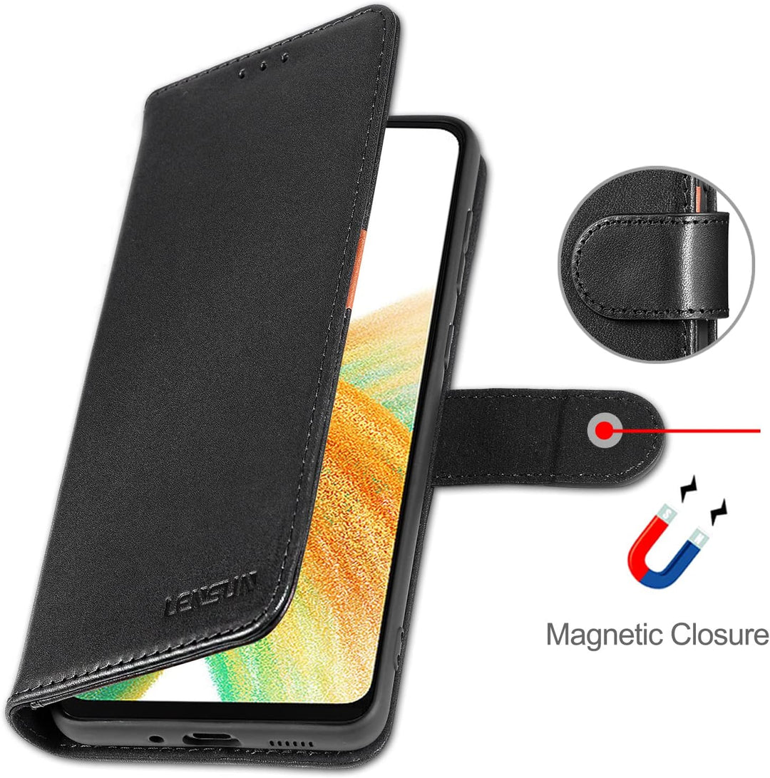 LENSUN Echtleder Hülle für Samsung Galaxy A33, Handyhülle [Echtes Leder] [Magnetverschluss] [RFID Sc