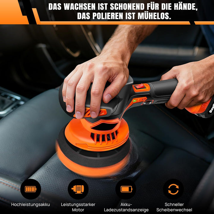Akku Poliermaschine 21V 2x 1.5AH Akku, mit 24 Aufsätzen, 6 Drehzahlregulierung 2800-5000RPM, 125-150