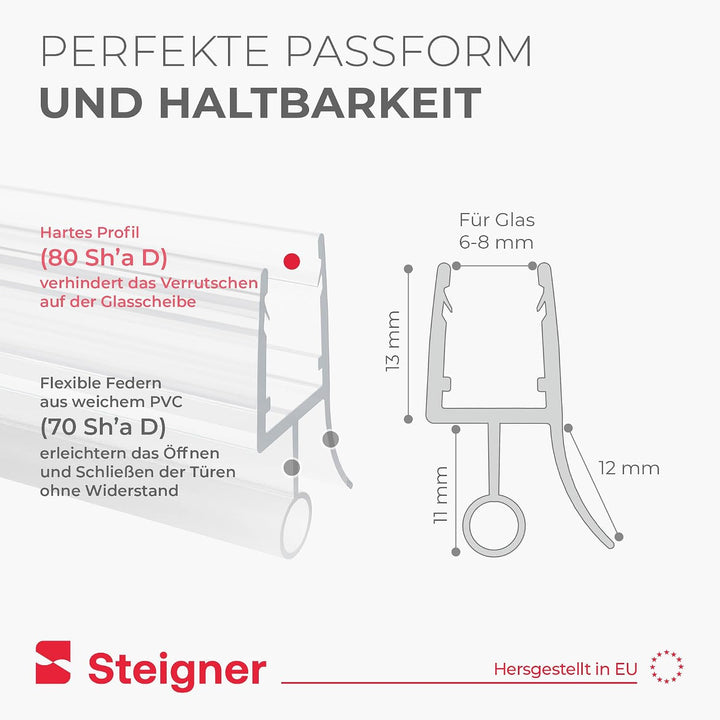 STEIGNER Duschdichtung, 120cm, Glasstärke 6/7/ 8 mm, Gebogene PVC Ersatzdichtung für Runddusche, UK0