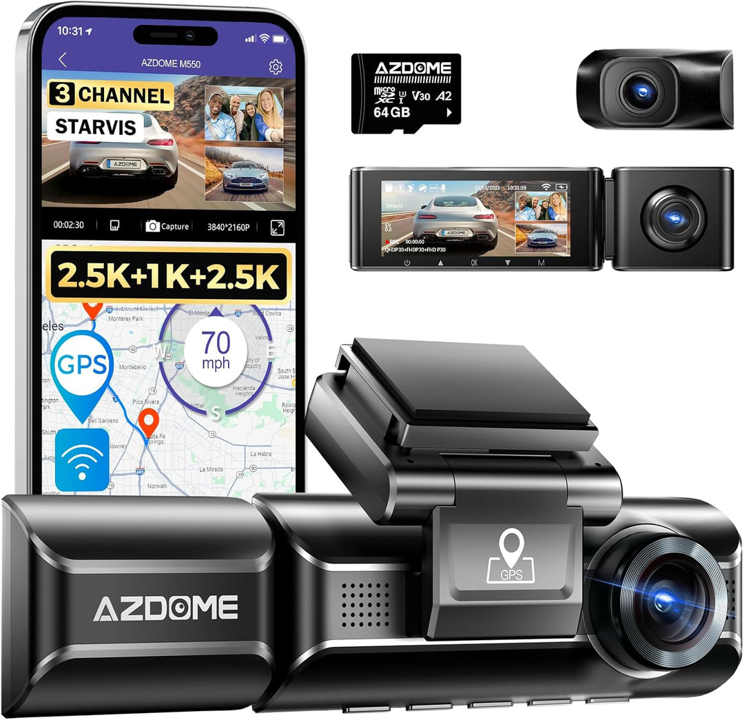 AZDOME 3 Lens Dashcam 1440P + 1080P + 1080P Auto Kamera mit WiFi, GPS, 4K Kamera vorne, Super Nachts