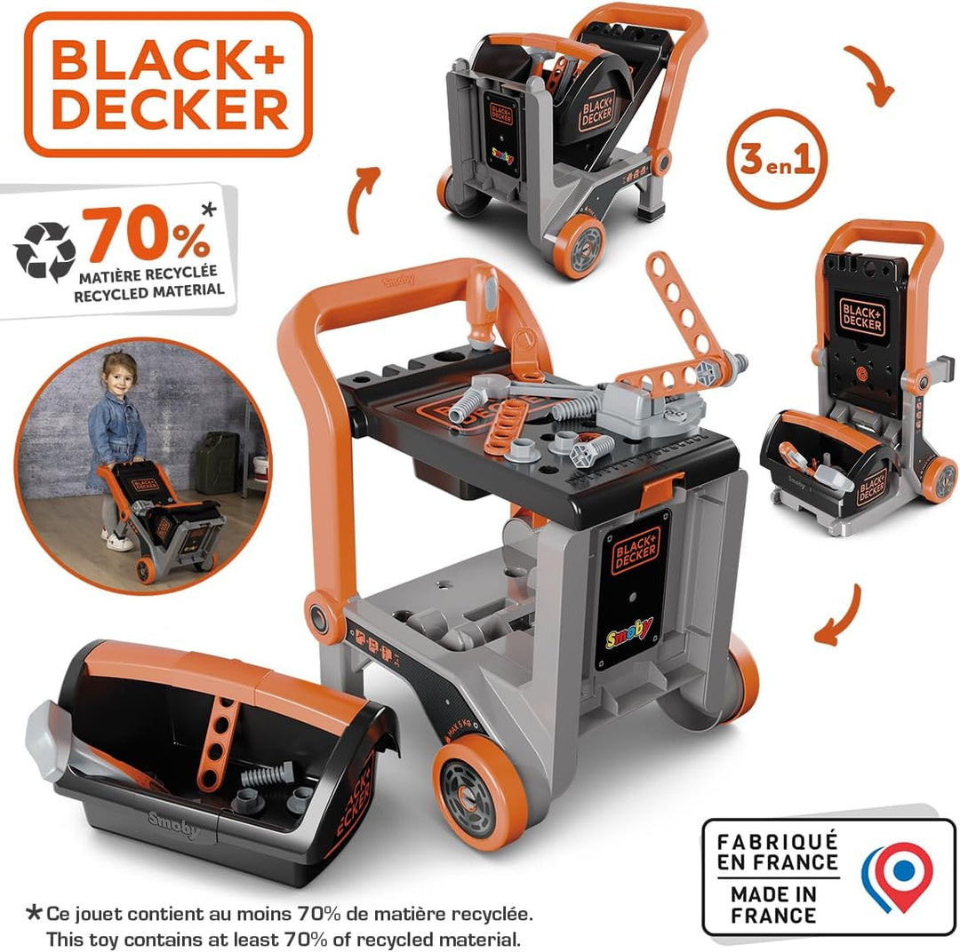 Smoby – Black+Decker Werkbank 3-in-1 - Werkstattwagen, Trolley &amp; Spielwerkbank – 19 Zubehörteile ink