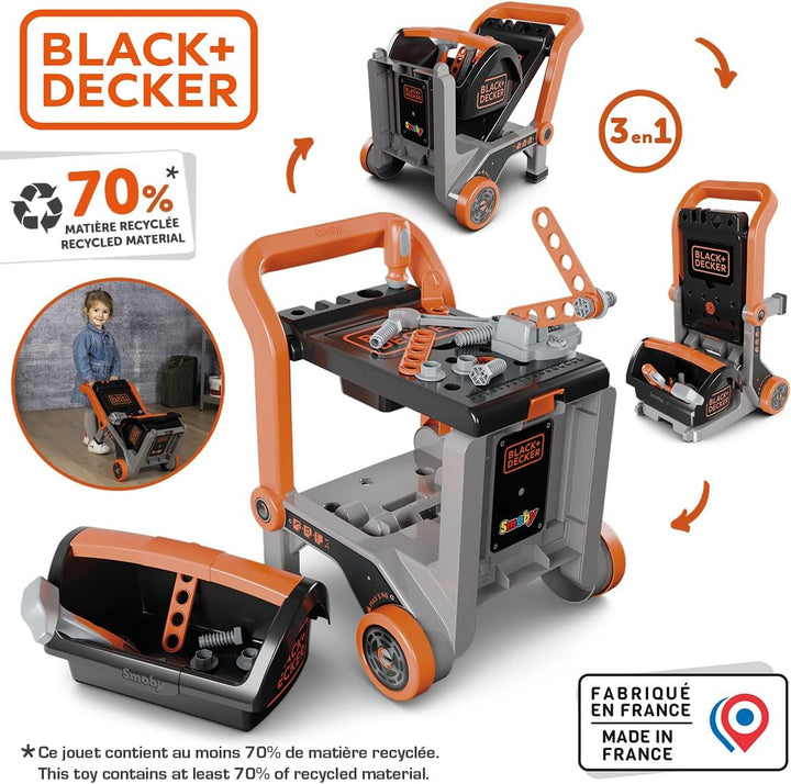Smoby – Black+Decker Werkbank 3-in-1 - Werkstattwagen, Trolley &amp; Spielwerkbank – 19 Zubehörteile ink