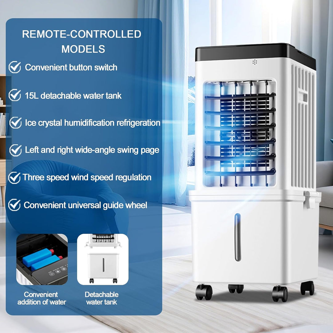 VLites Ventilator mit Wasserkühlung Fernbedienung Luftkühler Mobiler | 3 Geschwindigkeiten, 15L Wass