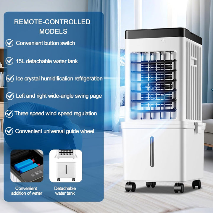 VLites Ventilator mit Wasserkühlung Fernbedienung Luftkühler Mobiler | 3 Geschwindigkeiten, 15L Wass