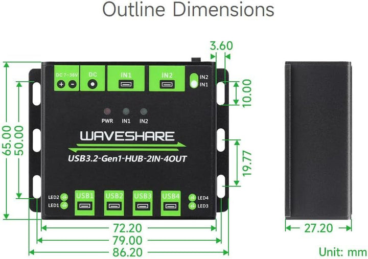 Waveshare Industrial Grade USB HUB, Extending 4X USB 3.2 Ports, Switchable Dual Hosts, Multi Protect
