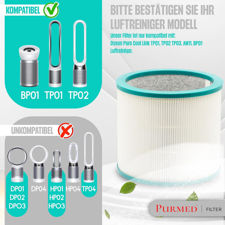 PURMED Kompatibel mit Dyson TP02 TP03 TP00 AM11 BP01 Ersatzfilter - | Luftreiniger gegen Hausstaub,