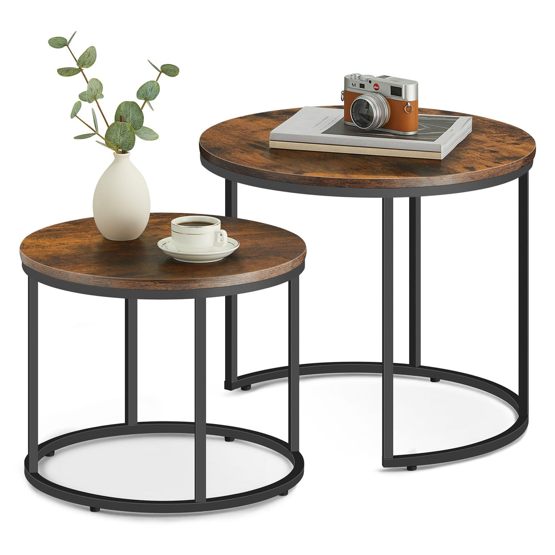 FORTENA 2er Set Couchtische, Schwarze oder goldene Metallbeine, Industrial-Stil, Raund (Rustikal – S
