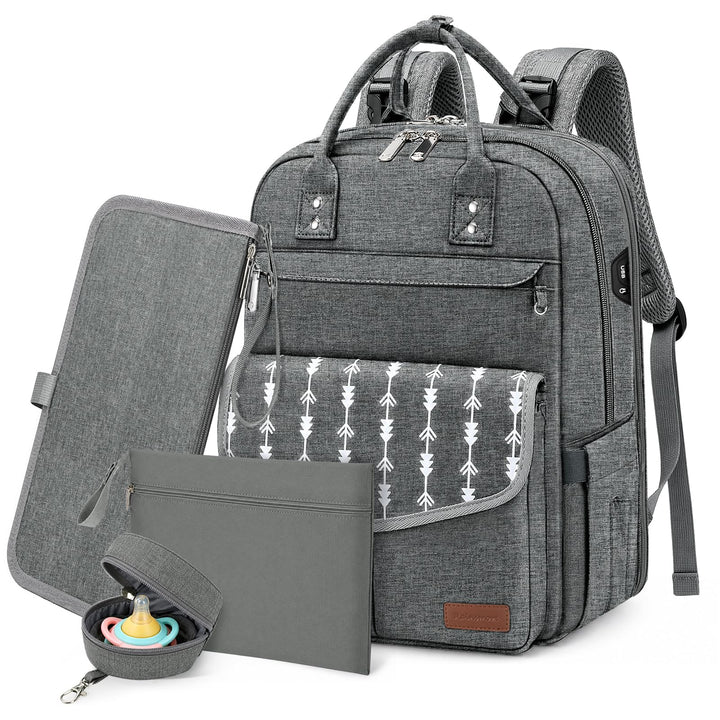 RAINSMORE Wickelrucksack Gross Baby Wickeltasche mit Wickelunterlage Grau | Wasserdichte Wickeltasch