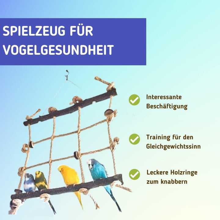 Vogelgaleria® Kletterspielzeug für Vögel aus Sisal und Naturholz - 3 in 1 (Klettern, Sitzen, Knabber