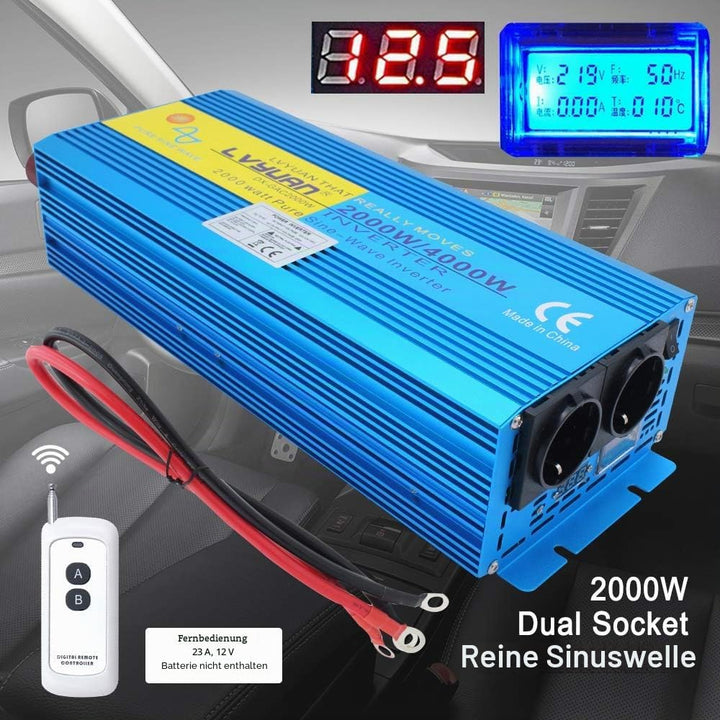 Cantonape Spannungswandler 12V auf 230V 2000W Reiner Sinus Wechselrichter Konverter mit Zwei AC-stec