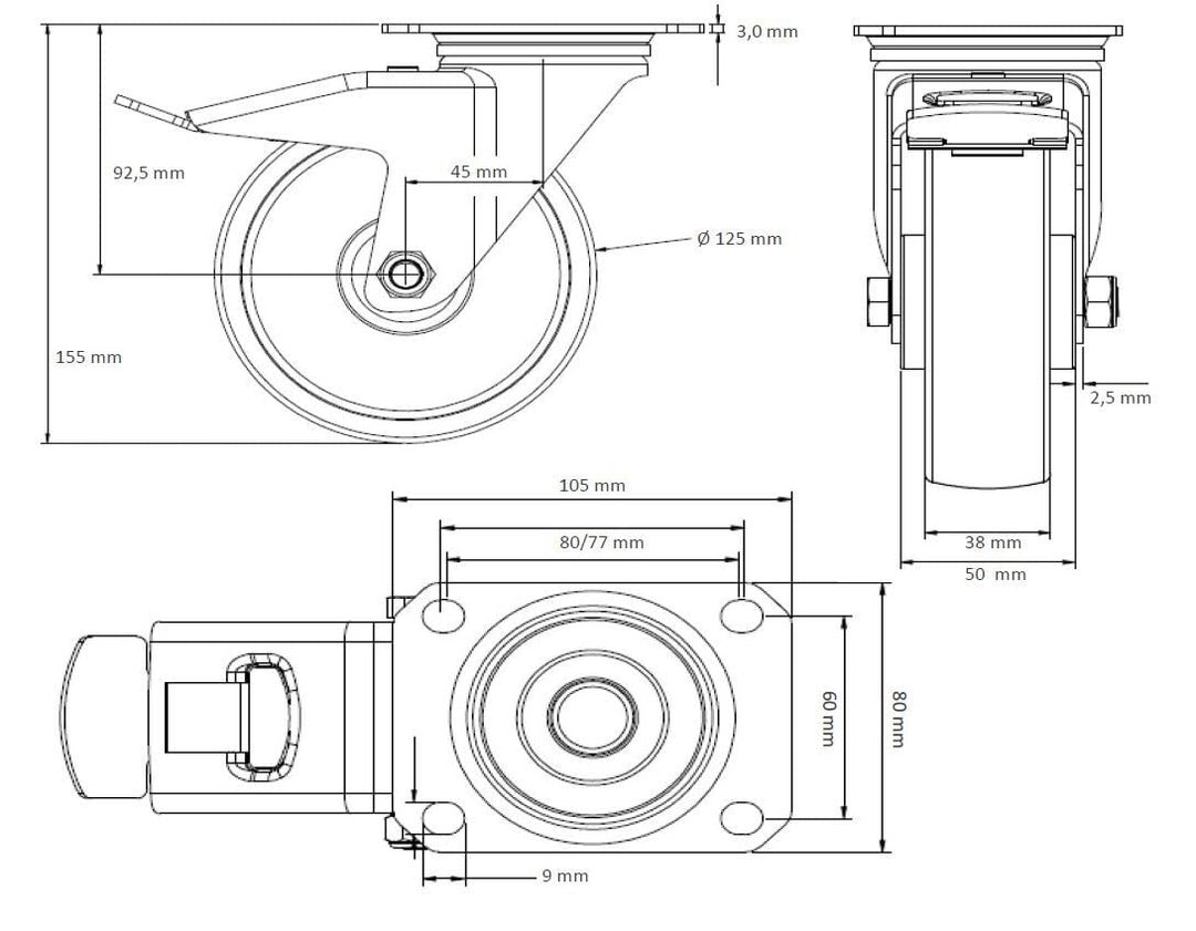 der ROLLENDE SHOP - Rollensatz - 2 Lenkrollen mit Feststeller und 2 Bockrollen 125 mm Elastik "Blue