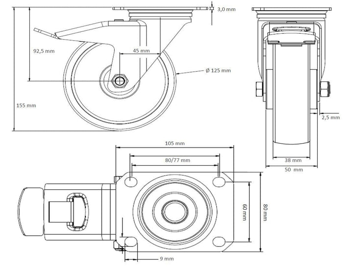 der ROLLENDE SHOP - Rollensatz - 2 Lenkrollen mit Feststeller und 2 Bockrollen 125 mm Elastik "Blue