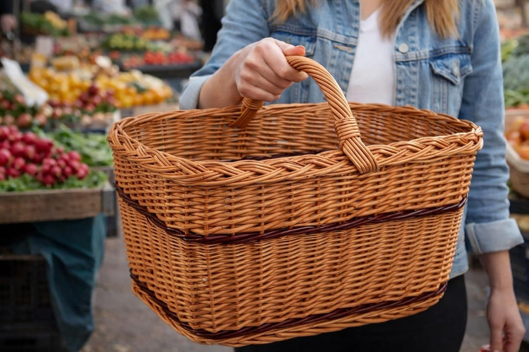 Einkaufskorb Weide lackiert – grosser handgeflochtener Marktkorb mit Henkel quer – stabiler Weidenko