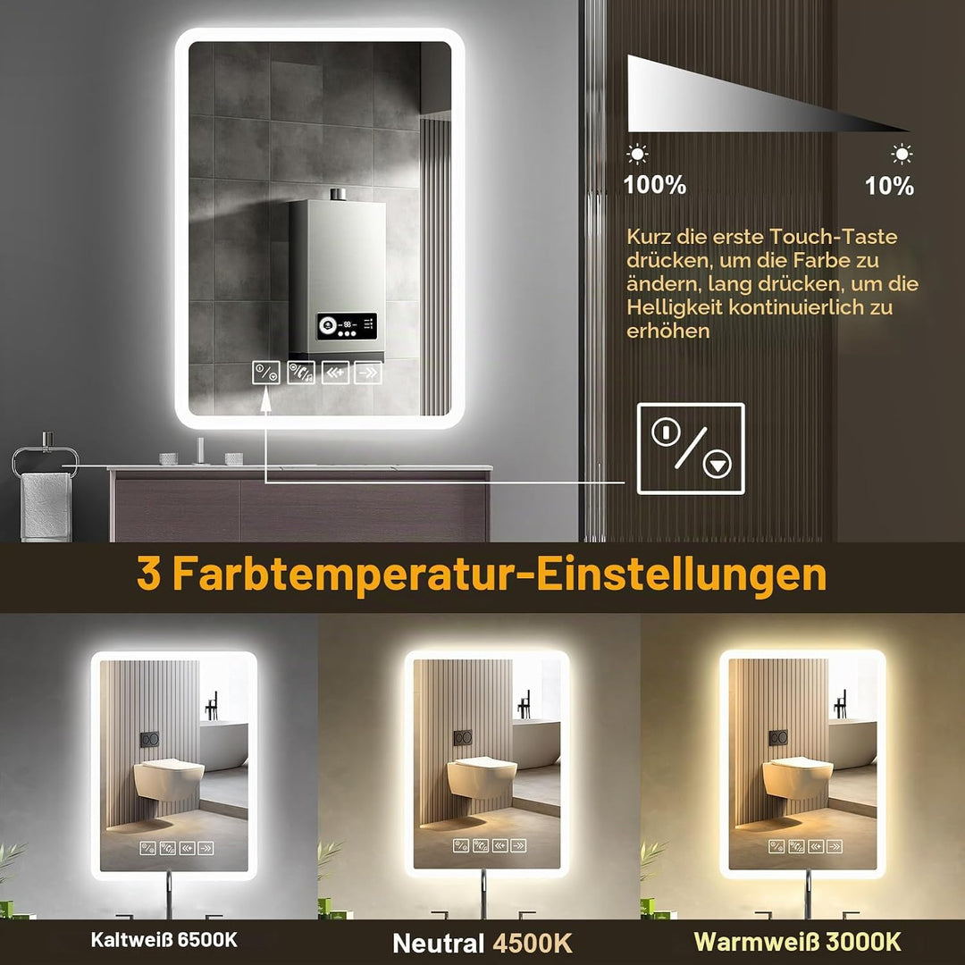 Badspiegel mit Beleuchtung mit Bluetooth Lautsprecher 50x70cm,Runden LED Badezimmerspiegel mit Entfo