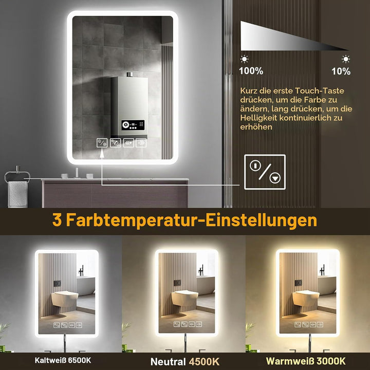 Badspiegel mit Beleuchtung mit Bluetooth Lautsprecher 50x70cm,Runden LED Badezimmerspiegel mit Entfo