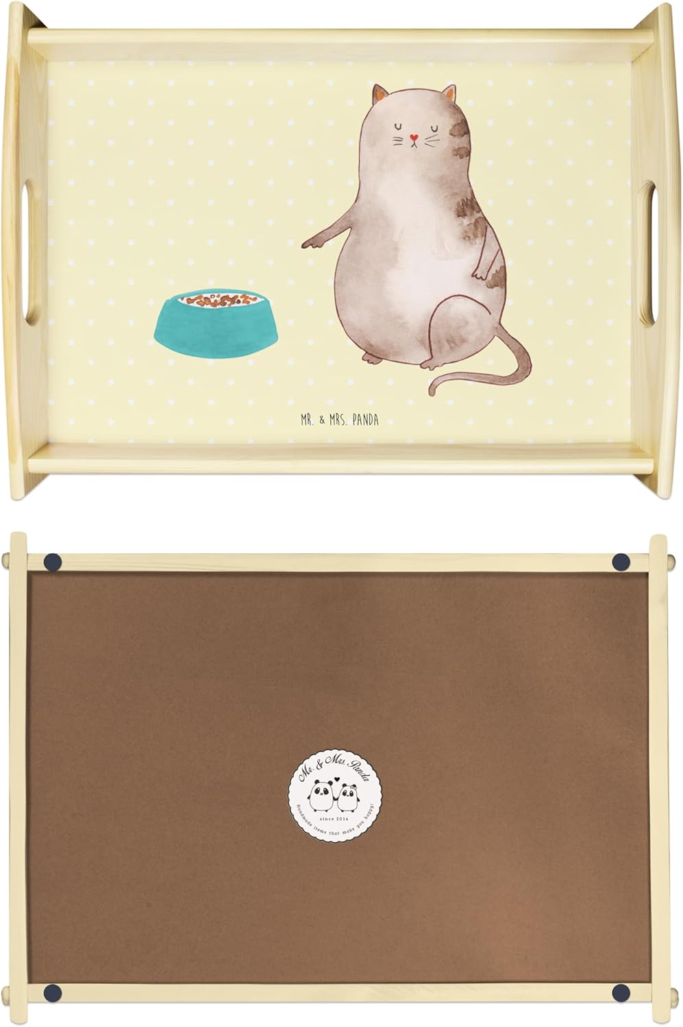 Mr. & Mrs. Panda Holztablett Katze Fressen - Geschenk, Frühstückstablett, Küchentablett, Katzenmotiv