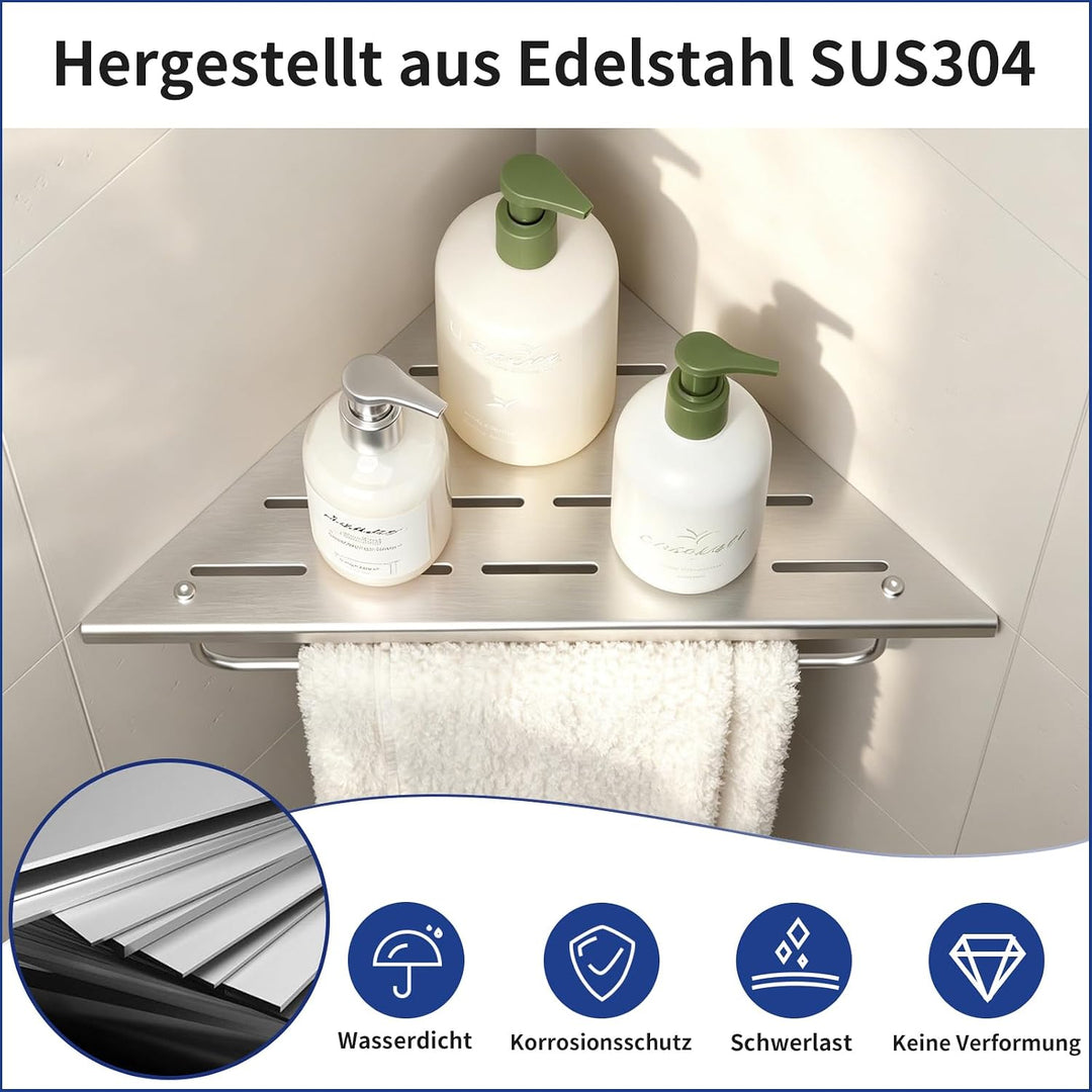 Eck-Duschregal aus 304-Edelstahl,Eckregal Dusche mit Handtuchstange | 25,4 cm Duschablage Ecke für B