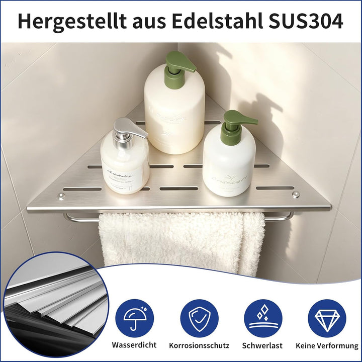 Eck-Duschregal aus 304-Edelstahl,Eckregal Dusche mit Handtuchstange | 25,4 cm Duschablage Ecke für B