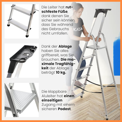 KADAX Aluminiumleiter, Stehleiter bis zu 125 kg, Stufenleiter, Klapptritt für Senioren, Alu-Sicherhe