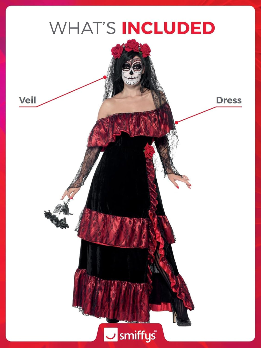 Smiffys, Damen Tag der Toten Braut Kostüm, Kleid und Rosenschleier, 43739 Halloween Plus X2 (UK 24-2