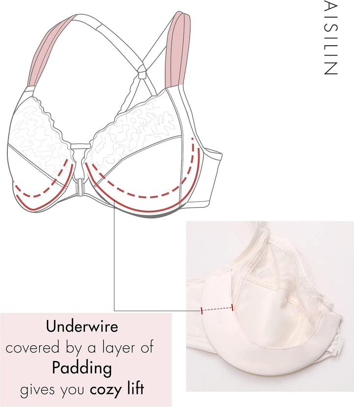 AISILIN BH Damen mit Bügel Vorderverschluss Racerback Spitze ohne Polster Grosse Grössen 75G Rose Wh