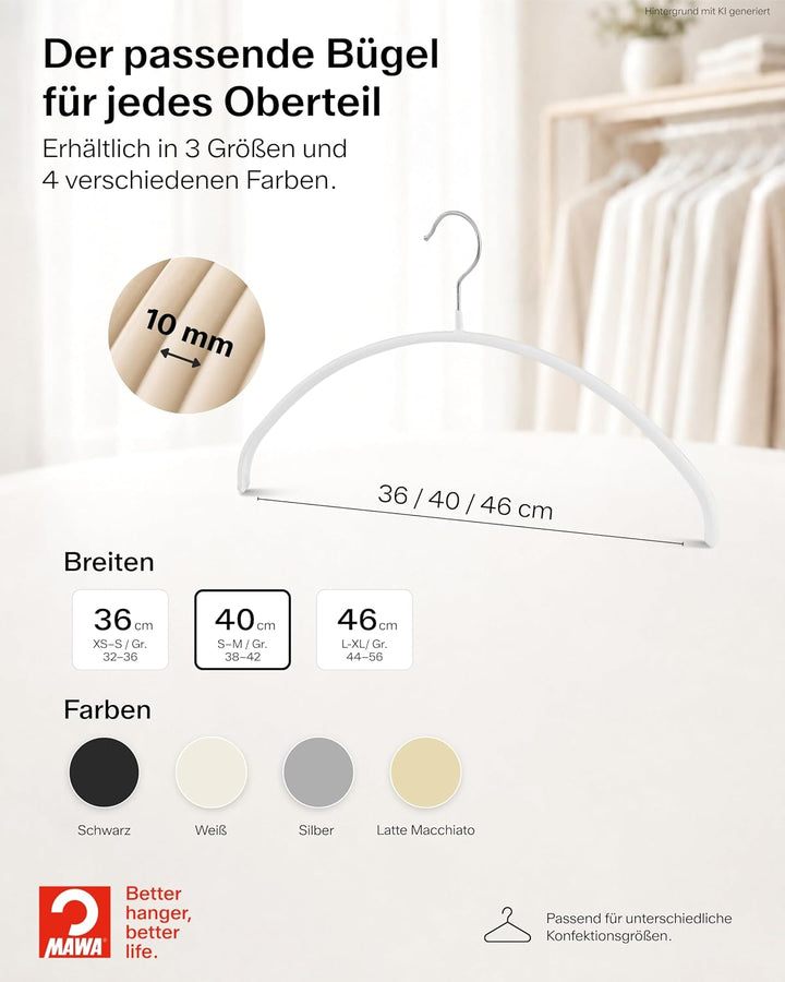 MAWA Kleiderbügel, Set mit 10 hochwertigen, platzsparenden, rutschfesten Kleiderbügeln, ideal für T-