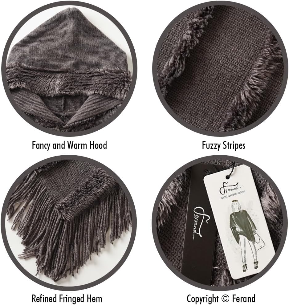 Ferand Poncho Damen mit Kapuze, Warmer Winterponcho, Gestreifte Cape Umhang mit Fransen Elegant, Gra