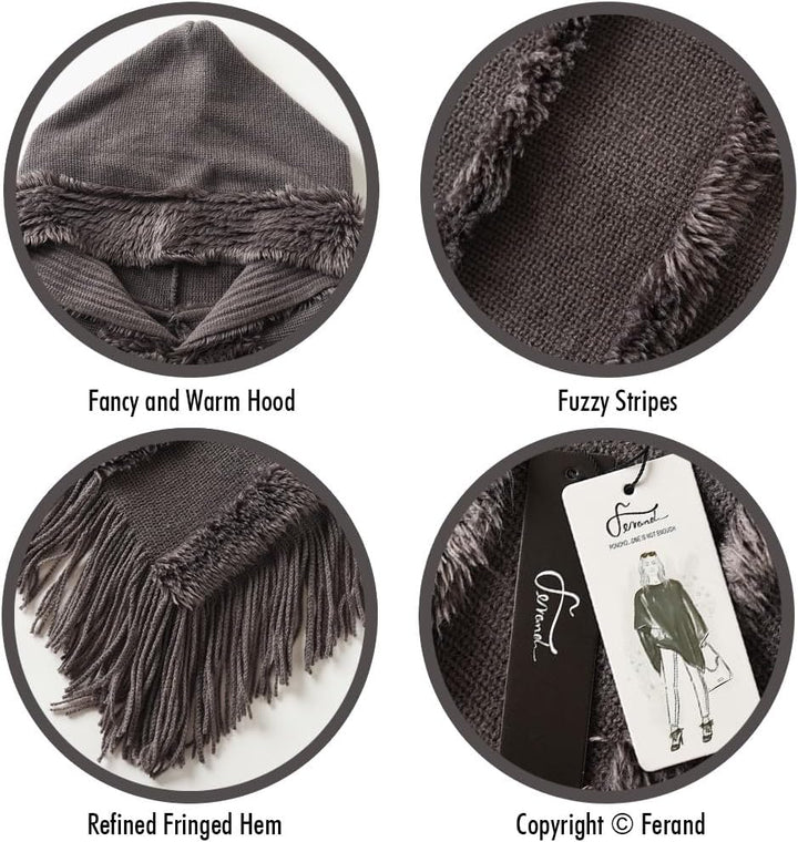 Ferand Poncho Damen mit Kapuze, Warmer Winterponcho, Gestreifte Cape Umhang mit Fransen Elegant, Gra